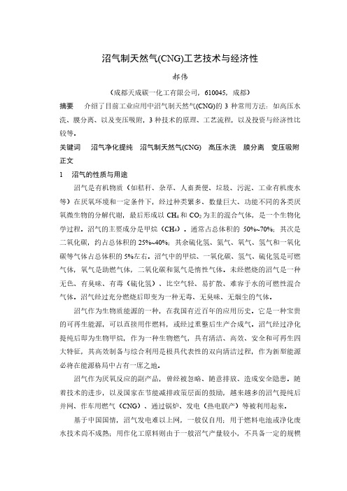 沼气制CNG工艺技术与经济性对比