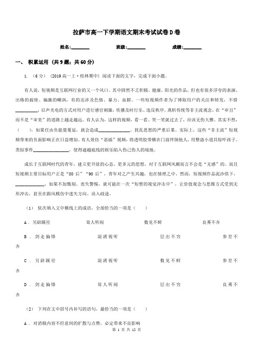 拉萨市高一下学期语文期末考试试卷D卷(考试)