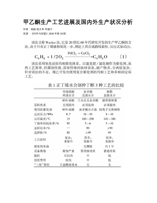 甲乙酮生产工艺进展及国内外生产状况分析