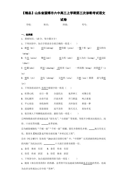 山东省淄博市六中高三上学期第三次诊断考试语文试卷 (2)