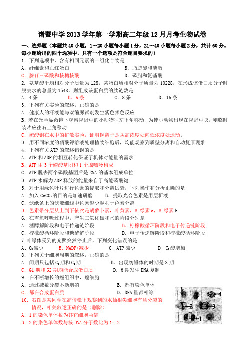 浙江省诸暨中学高二12月月考生物试题 Word版含答案
