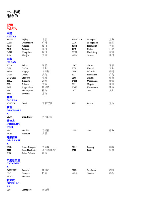 机场城市三字代码