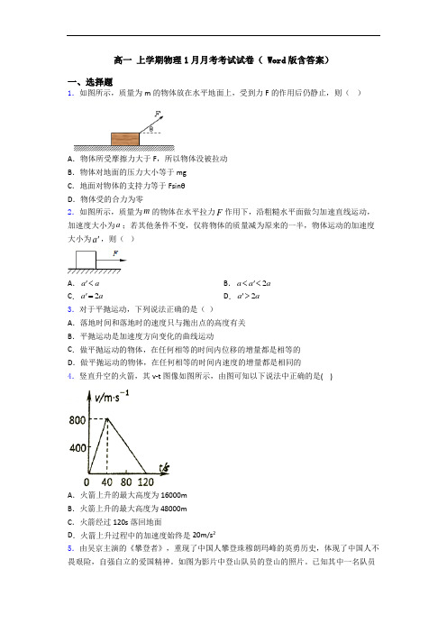 高一 上学期物理1月月考考试试卷( Word版含答案)