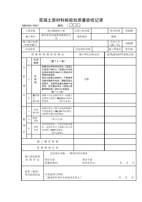 混凝土原材料检验批质量验收记录