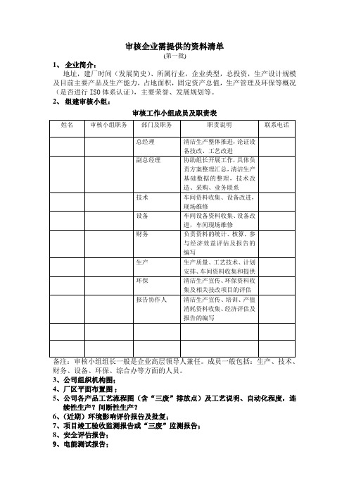 清洁生产审核企业需要填写的资料