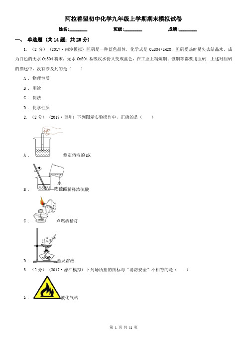 阿拉善盟初中化学九年级上学期期末模拟试卷