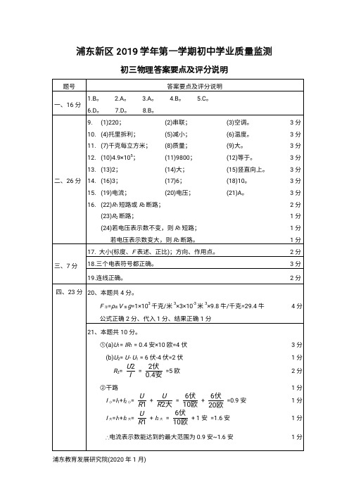 2019-2020上海浦东初三一模物理答案
