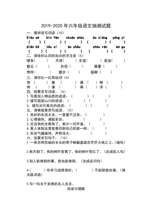 2019-2020年六年级语文抽测试题