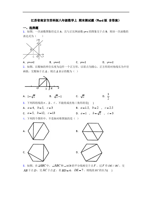 江苏省南京市苏科版八年级数学上 期末测试题(Word版 含答案)