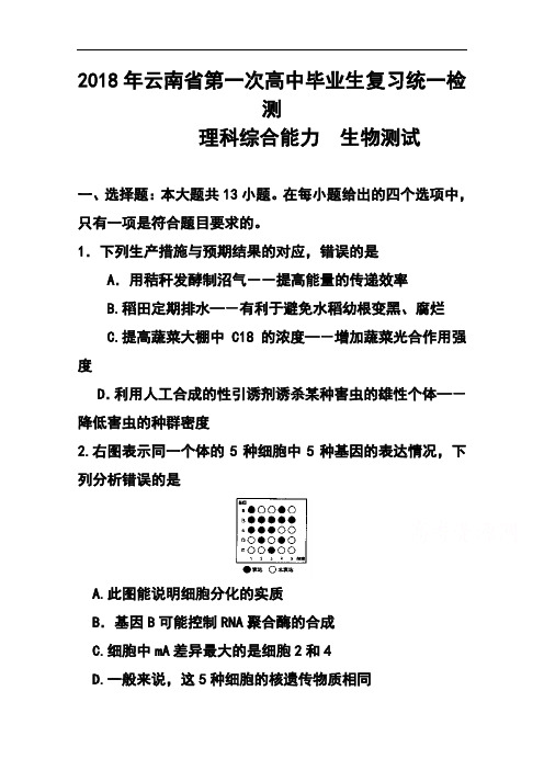 最新-2018届云南省高三第二次高中毕业生复习统一检测理科综合试题及答案 精品