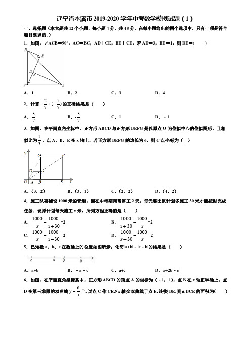 辽宁省本溪市2019-2020学年中考数学模拟试题(1)含解析