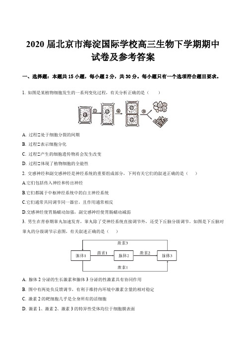 2020届北京市海淀国际学校高三生物下学期期中试卷及参考答案