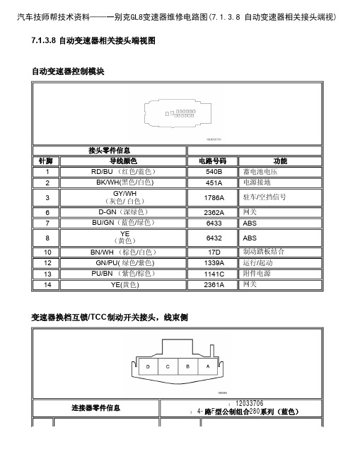 别克GL8变速器维修电路图(7.1.3.8 自动变速器相关接头端视)
