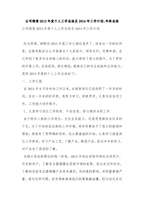 公司销售2013年度个人工作总结及2014年工作计划,年终总结