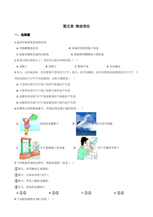 教科版八年级上册物理 单元练习题：第五章 物态变化