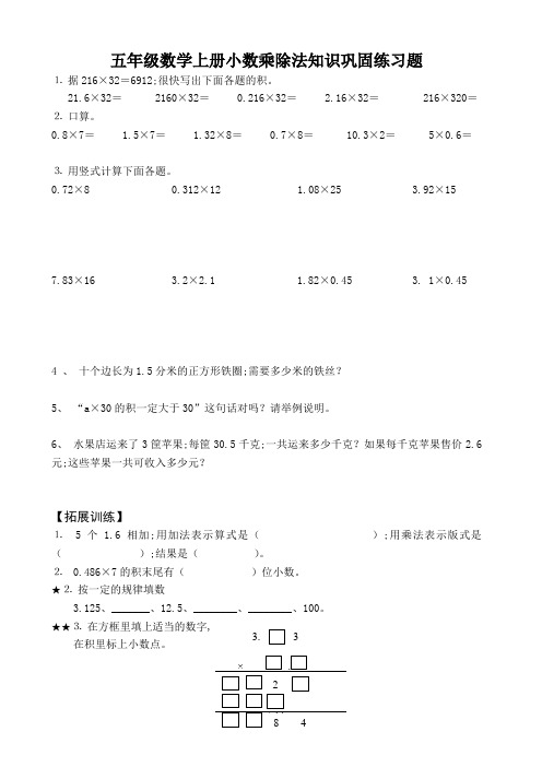五年级数学上册小数乘除法知识巩固练习题