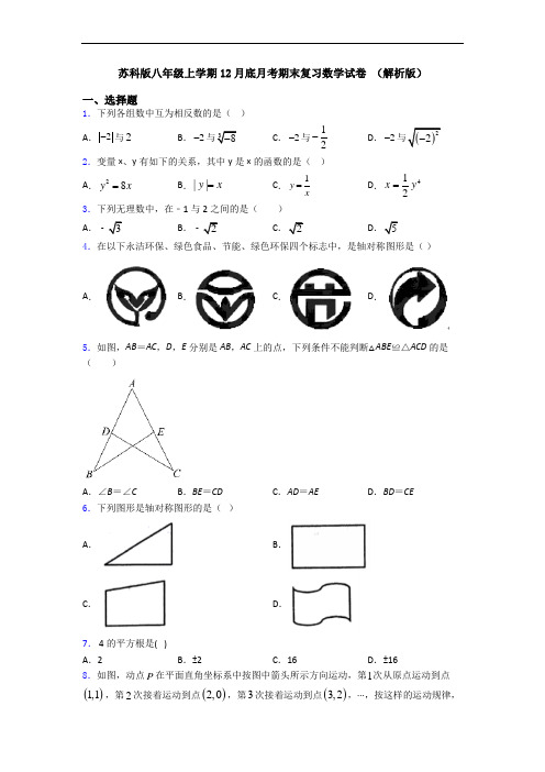 苏科版八年级上学期12月底月考期末复习数学试卷 (解析版)
