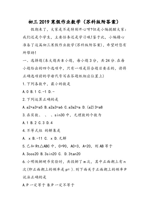 初三寒假作业数学(苏科版附答案)