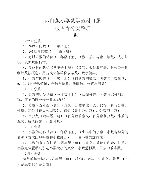 西师版小学数学教材目录(按    内容分类整理)