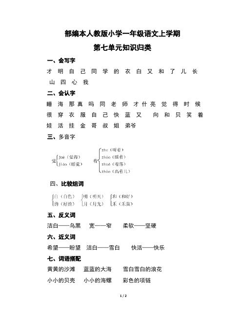 部编本人教版小学一年级语文上学期第七单元知识归类