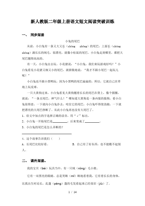 新人教版二年级上册语文短文阅读突破训练