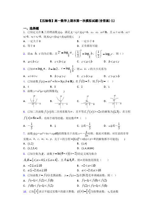 【压轴卷】高一数学上期末第一次模拟试题(含答案)(1)