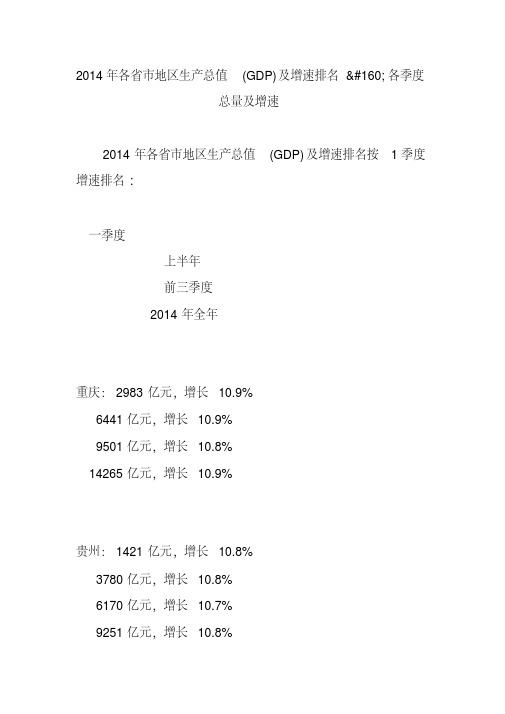 2014年各省市地区生产总值(gdp)及增速排名各季度总量及增速