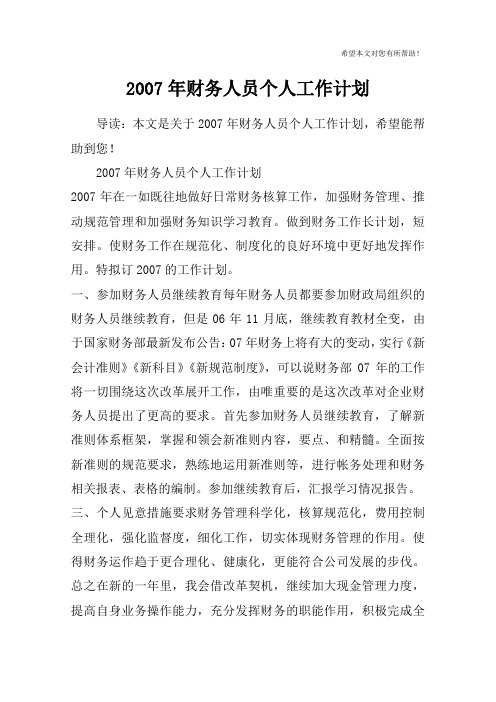 2007年财务人员个人工作计划