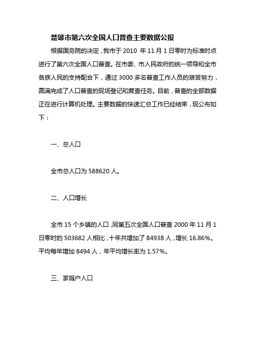 楚雄市第六次全国人口普查主要数据公报