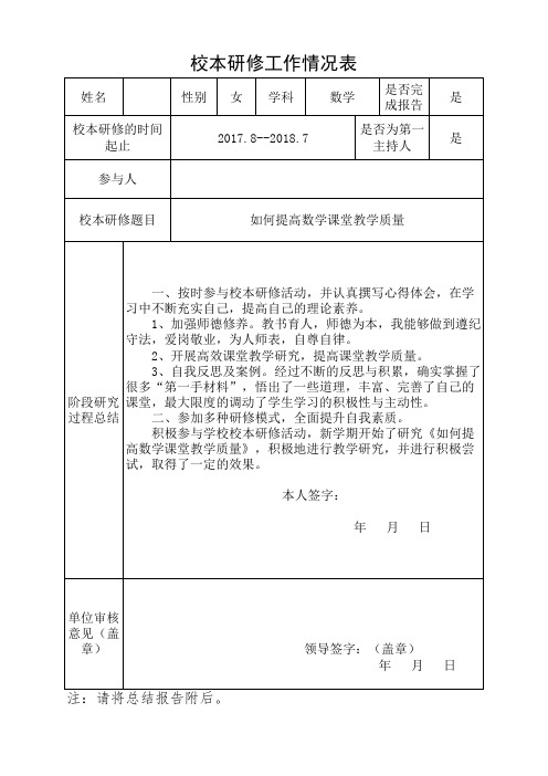 晋升中级职称中小学一级教师校本研修工作情况表