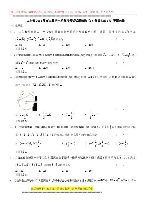 山东省2014届高三数学一轮复习考试试题精选(1)分类汇编17：平面向量 Word版含答案