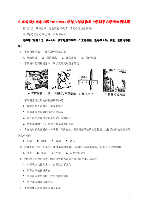 山东省泰安市泰山区八年级物理上学期期末学情检测试题