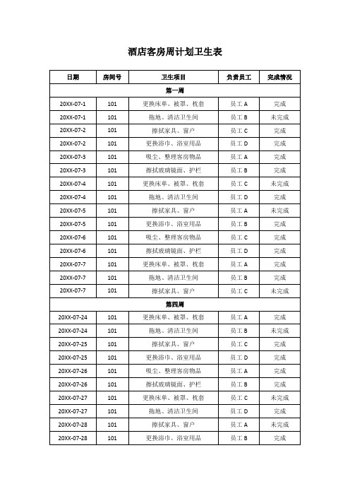 酒店客房周计划卫生表