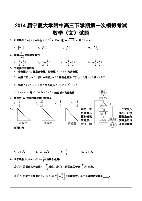2014届宁夏大学附中高三下学期第一次模拟考试数学(文)试题