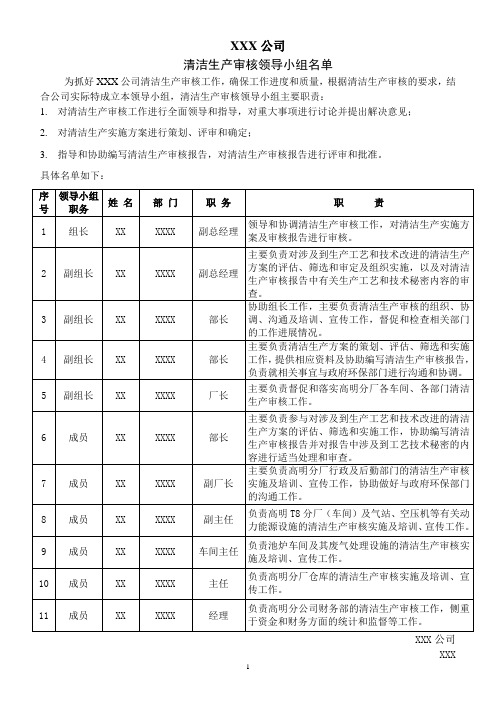 清洁生产审核领导小组和工作小组名单范例
