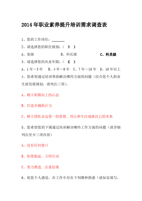 2014年职业素养提升培训需求调查表