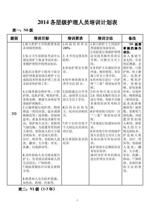 2014各层级护士培训计划表