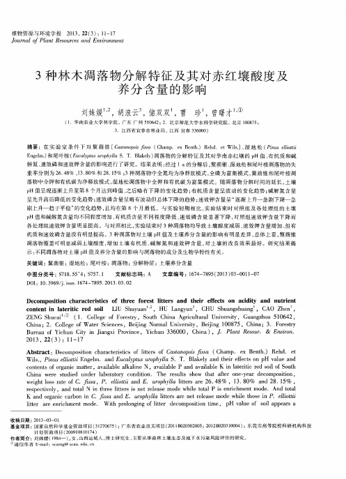 3种林木凋落物分解特征及其对赤红壤酸度及养分含量的影响