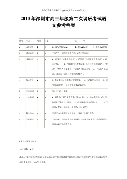 2010年深圳市高三年级第二次调研考试语文参考答案