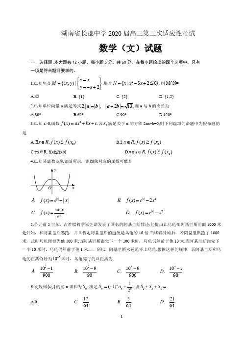 湖南省长郡中学2020届高三第三次适应性考试数学(文)试题(含答案)