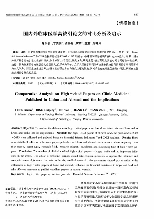 国内外临床医学高被引论文的对比分析及启示
