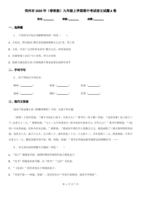 郑州市2020年(春秋版)九年级上学期期中考试语文试题A卷