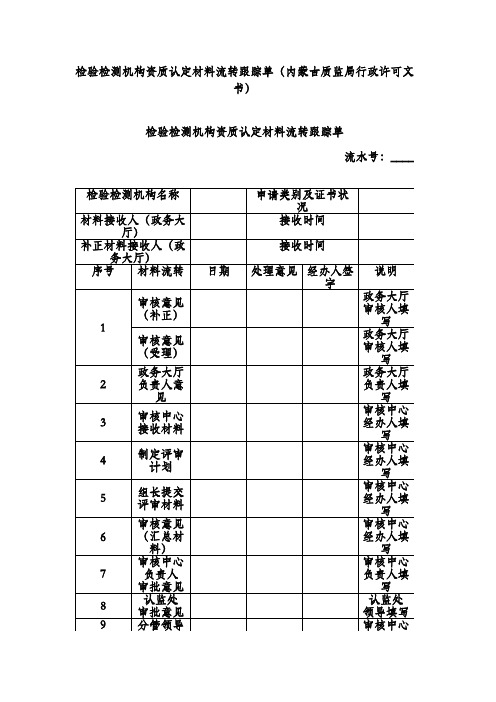 检验检测机构资质认定材料流转跟踪单(内蒙古质监局行政许可文书)