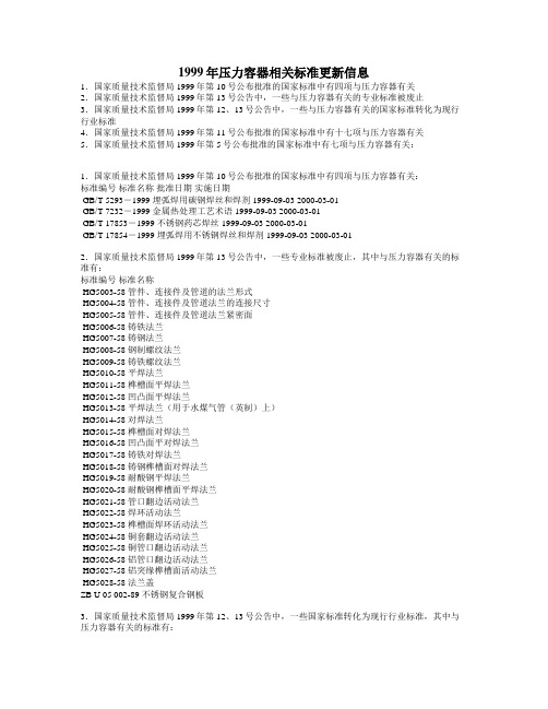 1999年压力容器相关标准更新信息