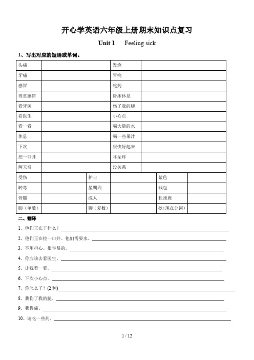 开心学英语六年级上册期末知识点复习