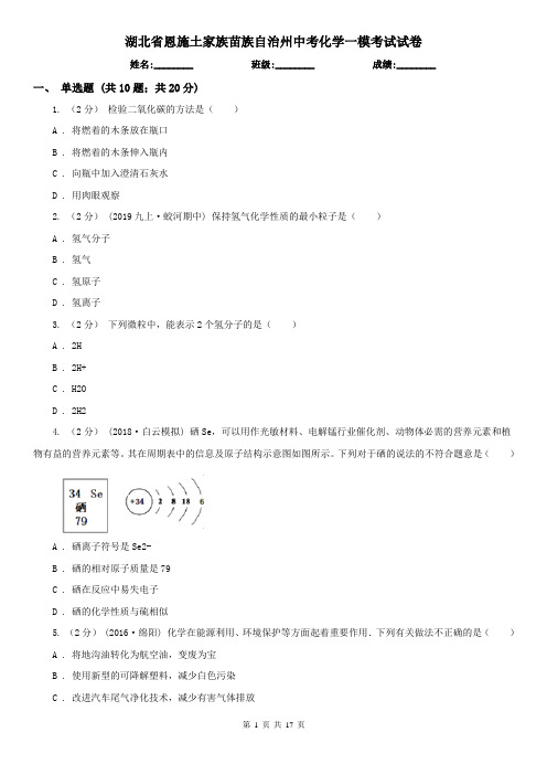 湖北省恩施土家族苗族自治州中考化学一模考试试卷
