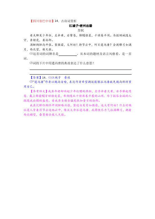 中考语文诗词鉴赏《江城子 密州出猎》附答案