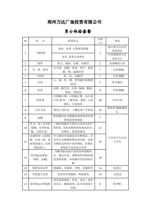 万达广场投资有限公司体检套餐