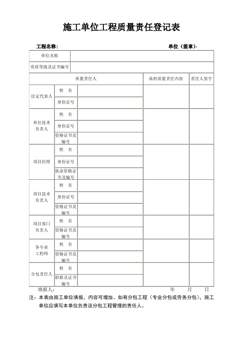 五方责任主体模板施工单位登记表