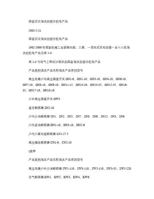 国家历次淘汰的部分机电产品型号.